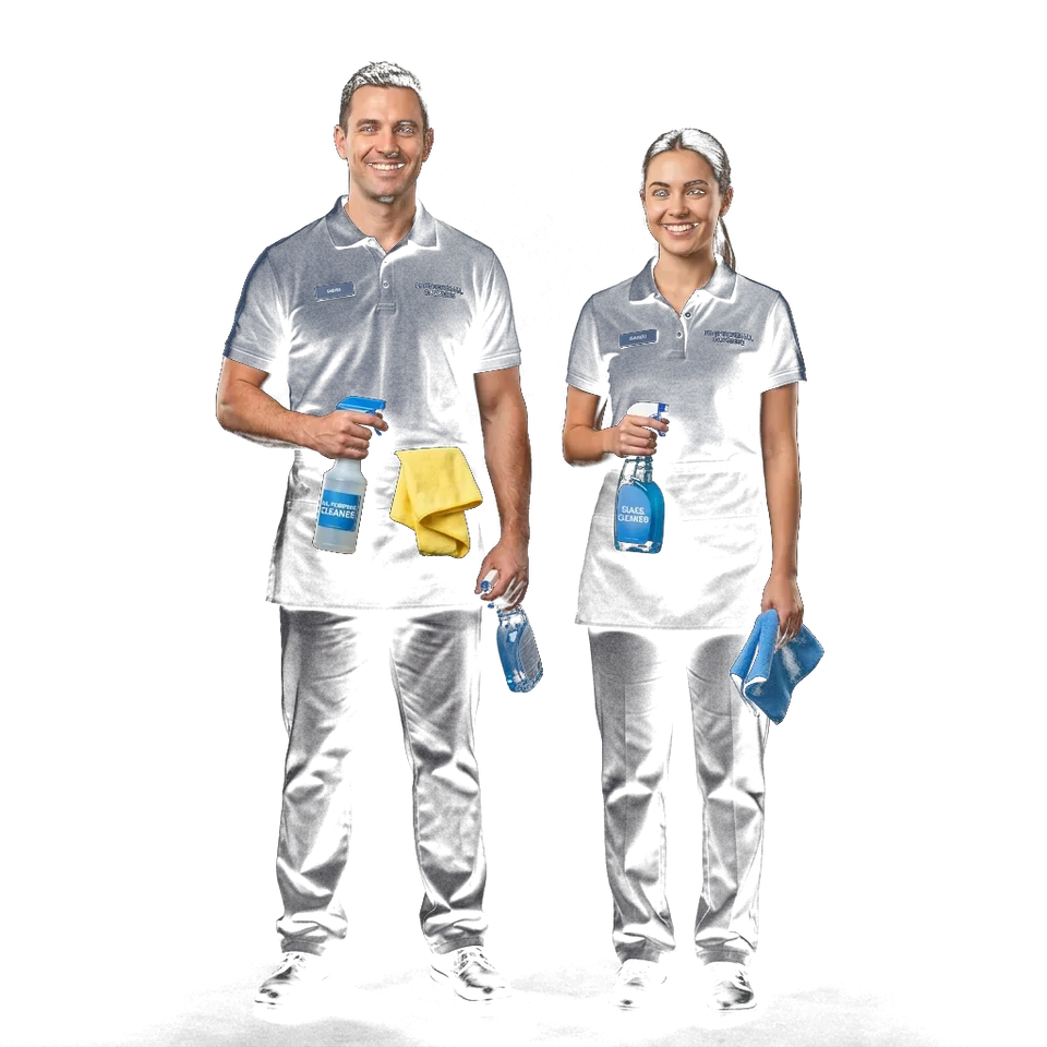 Professional cleaning team with supplies